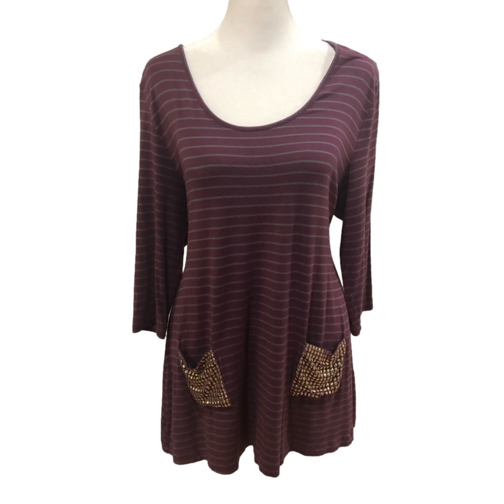 SOFT Surroundings PL long sleeve striped shirt with studded pockets.